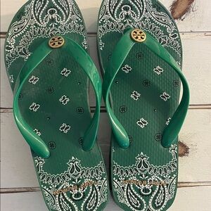 Tory Burch Green Patterned wedge flip flops